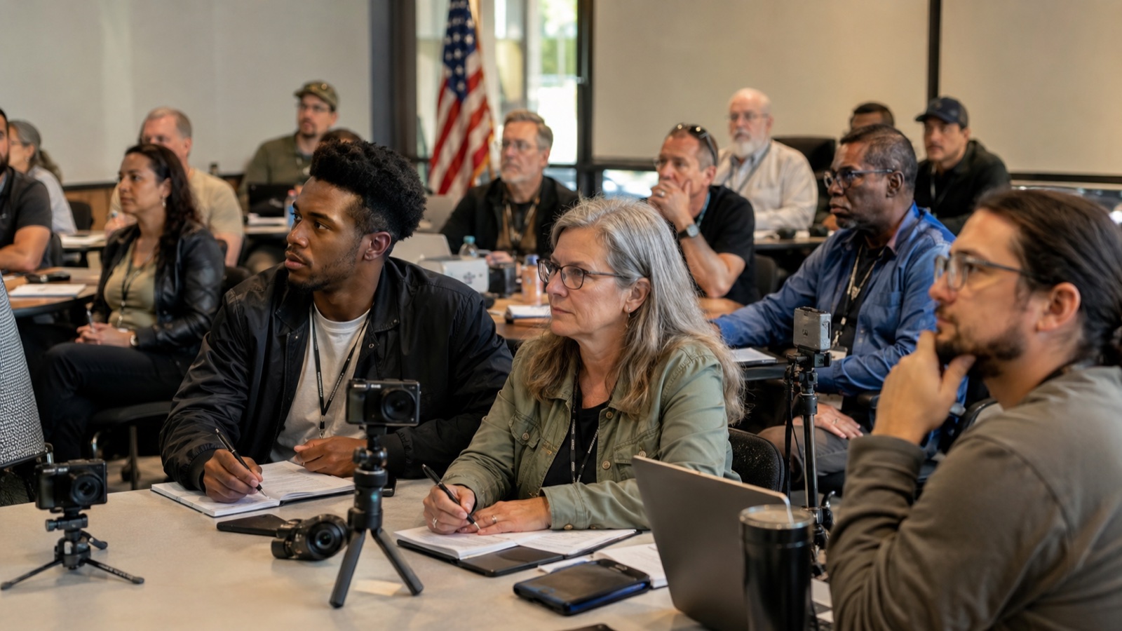 Citizens in a classroom training session — cameras on tripods on desks, instructor at the front, American flag behind