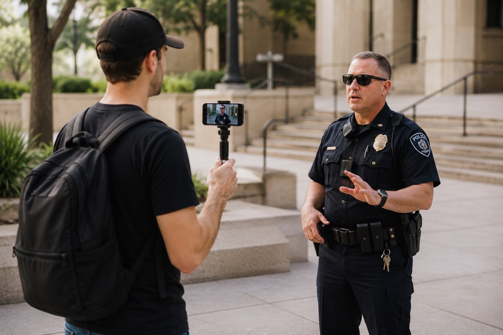 Calm citizen auditor filming an officer outside a public building, both speaking civilly