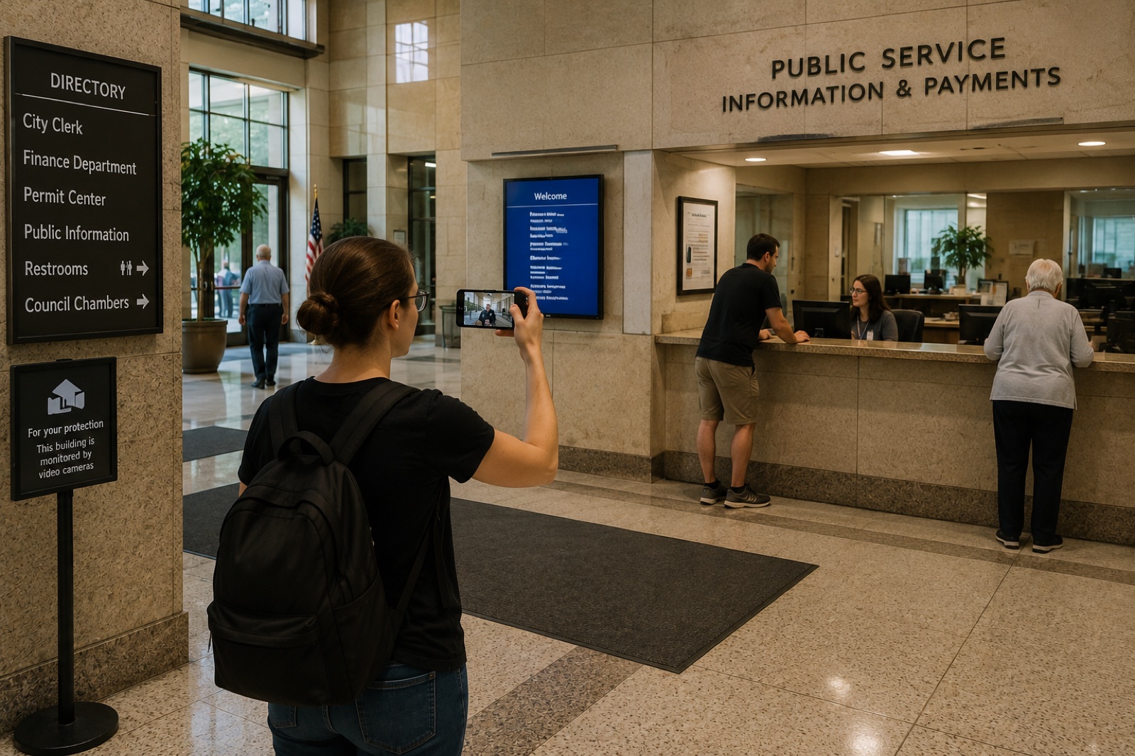 Citizen filming inside a city hall lobby with Public Service Information signage and a directory of city departments