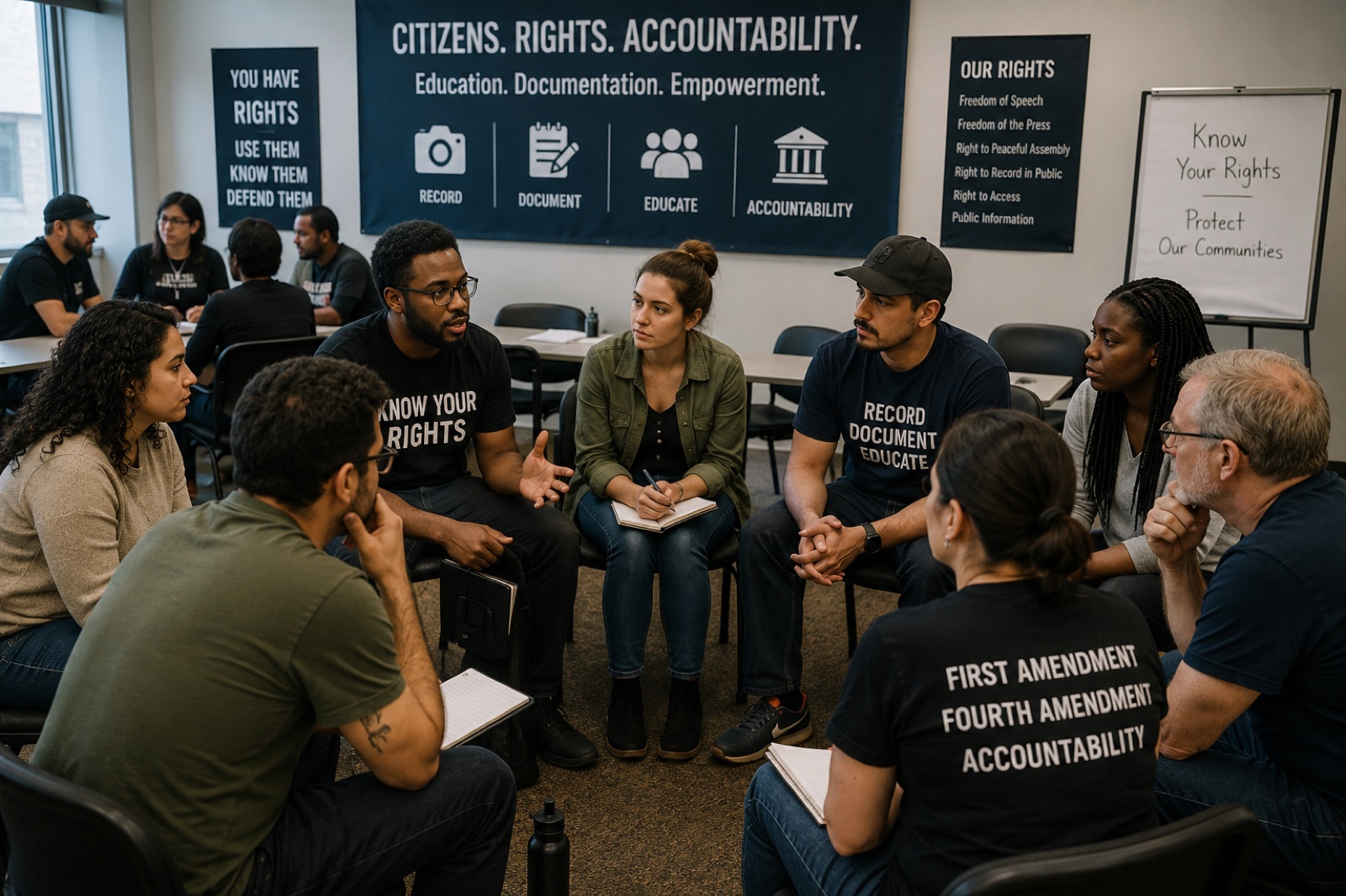 Discussion circle of attendees in branded Know Your Rights / Record Document Educate / First Amendment Fourth Amendment Accountability shirts, classroom infographic on the wall