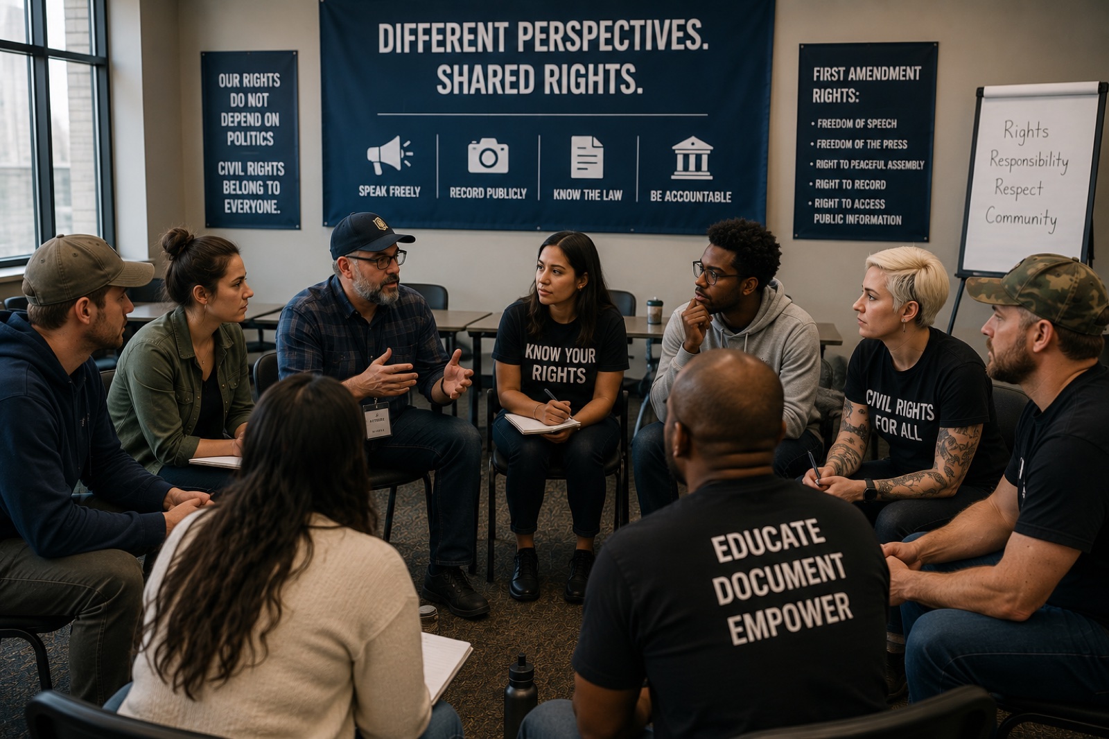 Discussion circle of attendees with different backgrounds and a Different Perspectives Shared Rights infographic on the wall