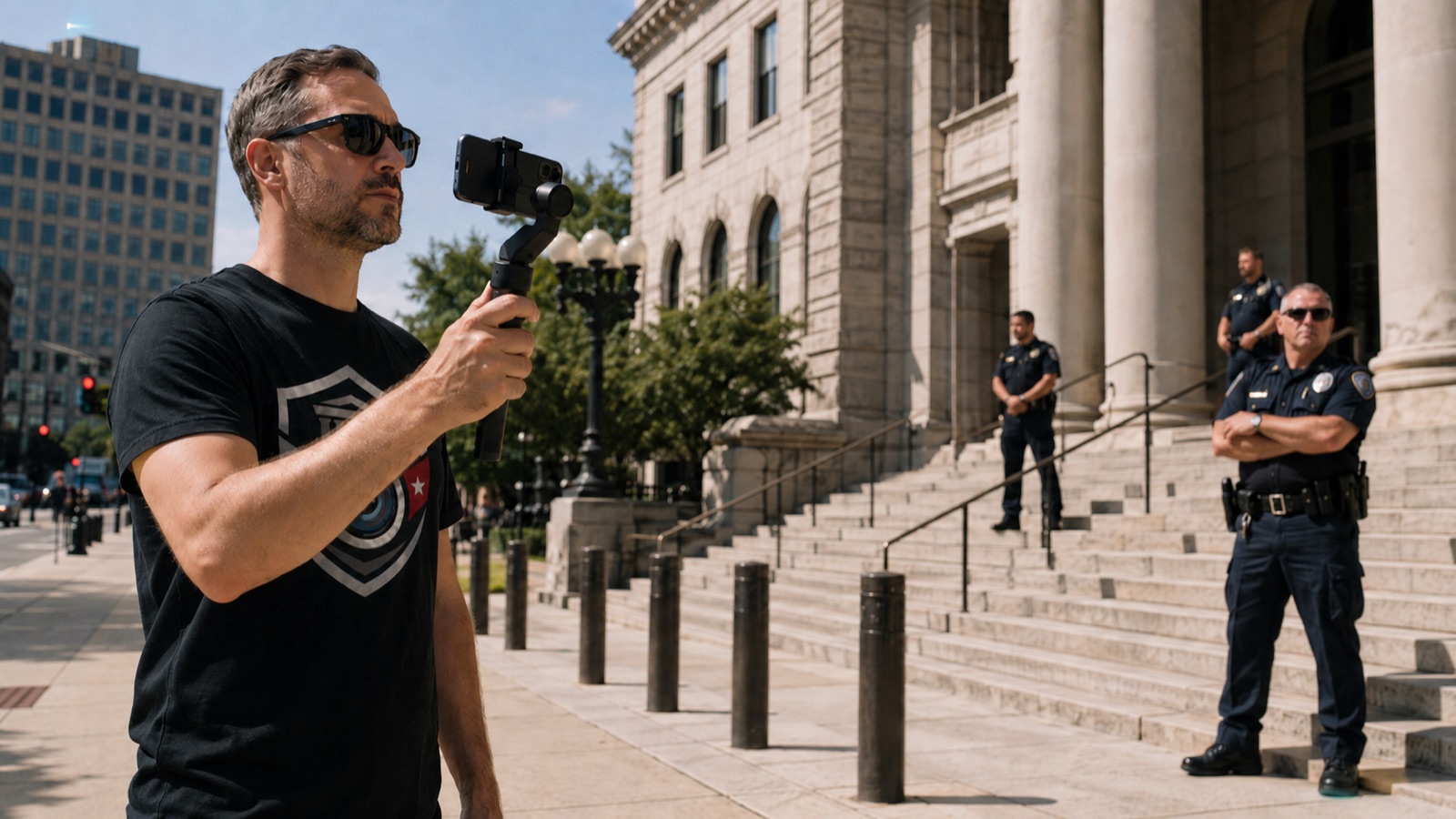 Citizen auditor with a gimbal-mounted camera filming outside a courthouse, with two officers on the steps behind him