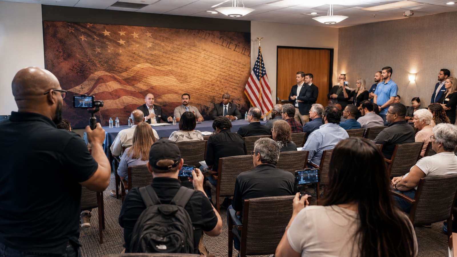 A summit room from the back of the audience: panel speakers up front, American flag, citizens with phones recording, Constitution print backdrop