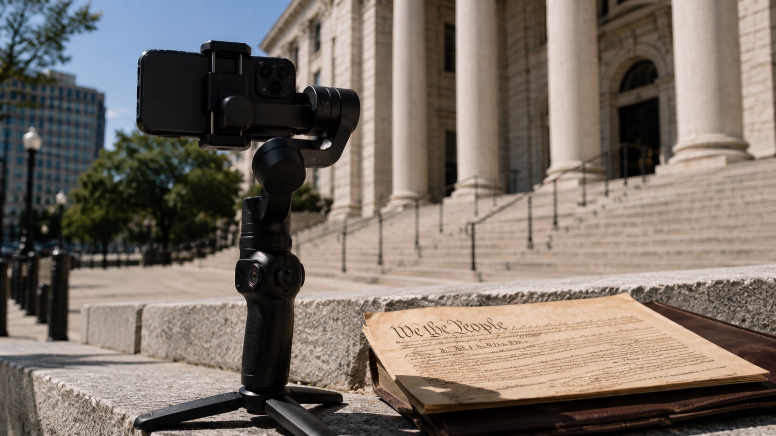 Camera on a tripod next to a printed copy of the United States Constitution on courthouse steps