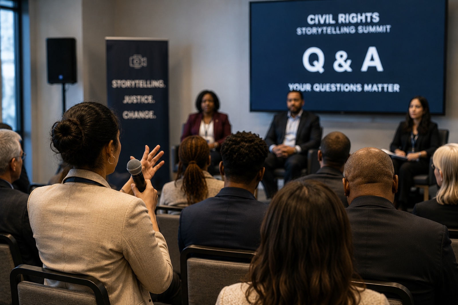 Q&A panel discussion at the Summit — three speakers on stage, audience asking questions, slide reading Q&A — Your Questions Matter