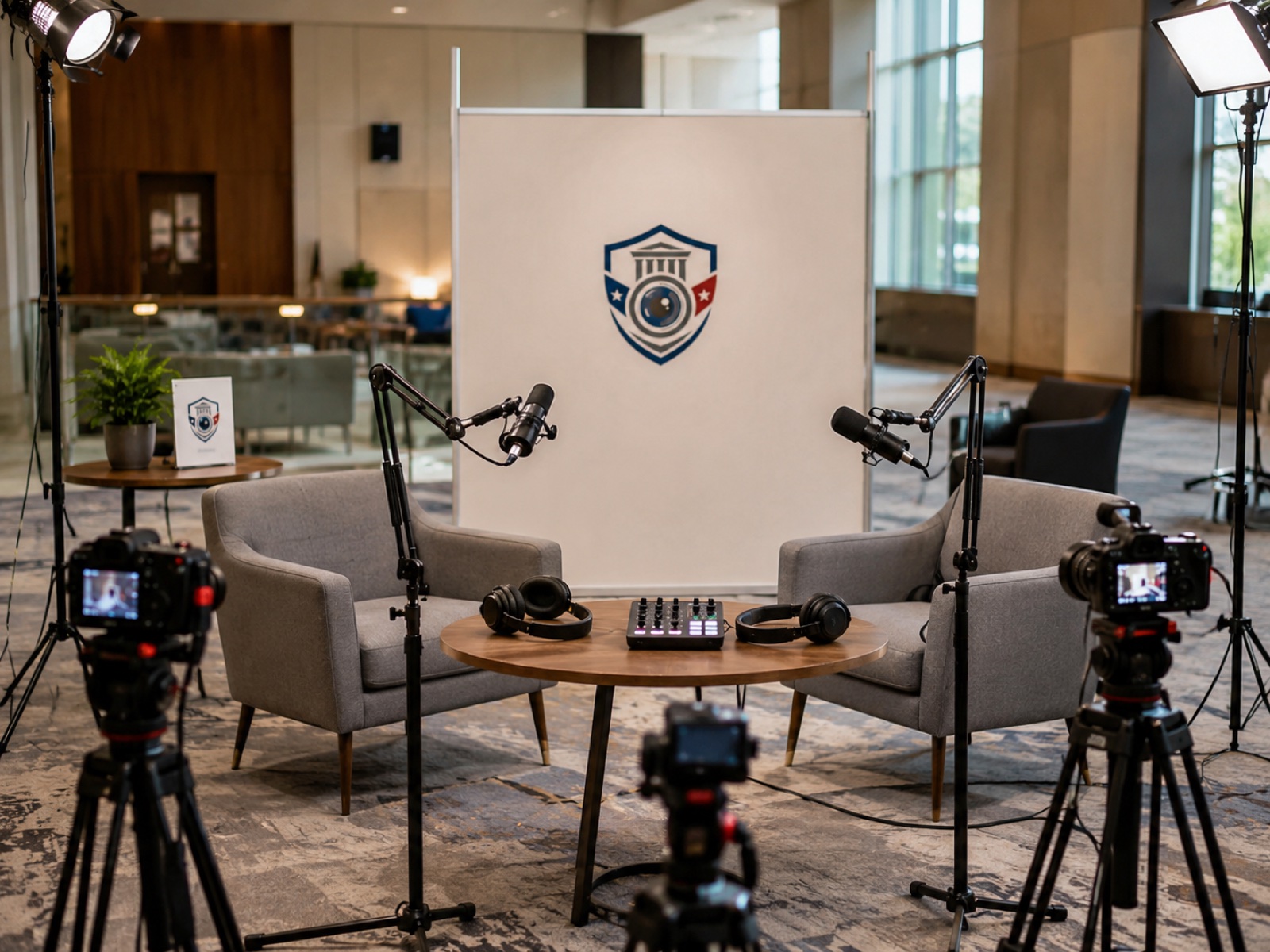 Podcast and interview booth at the Summit with a 1A Auditor Summit logo backdrop, two armchairs facing each other across a small table with microphones, cameras on tripods on either side