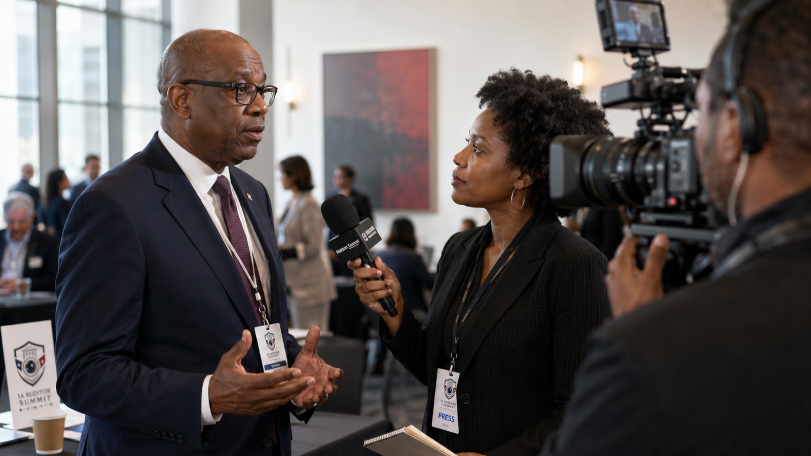 Press interview underway at the Summit — interviewer with handheld microphone and credentials, interviewee in a suit, camera operator behind, audience visible