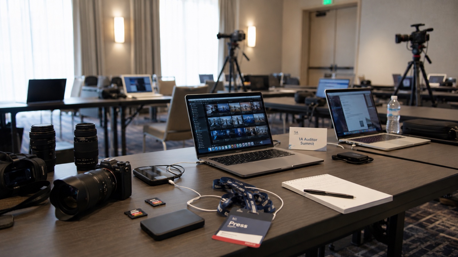 Dedicated media room with multiple laptops, professional cameras and lenses, tripods in the background, and a 1A Auditor Summit tent card