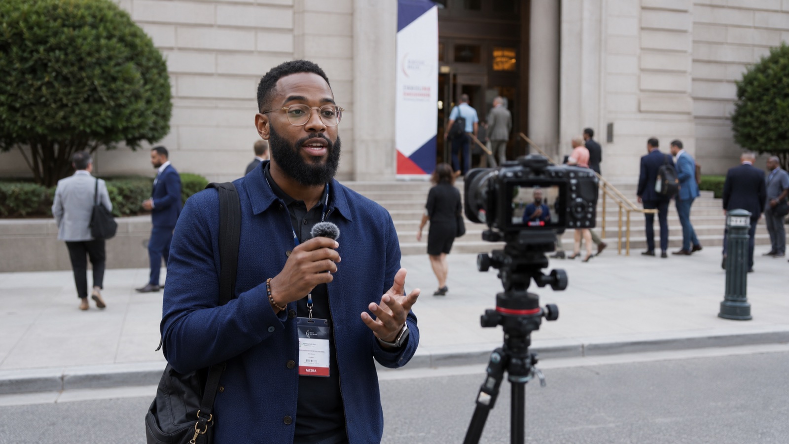 Solo correspondent in front of a tripod-mounted camera with a microphone, speaking outside the Summit venue with attendees walking past in the background
