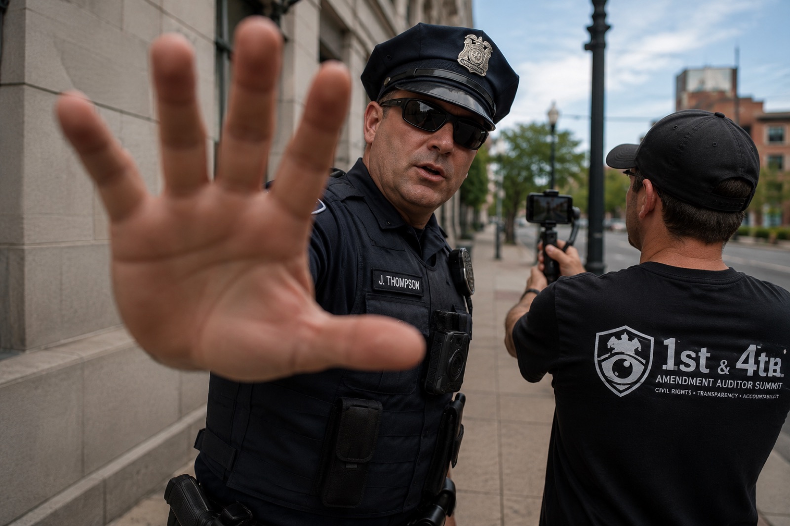 An officer's open palm extended toward an auditor's camera lens; the auditor wears a 1st & 4th Amendment Auditor Summit shirt