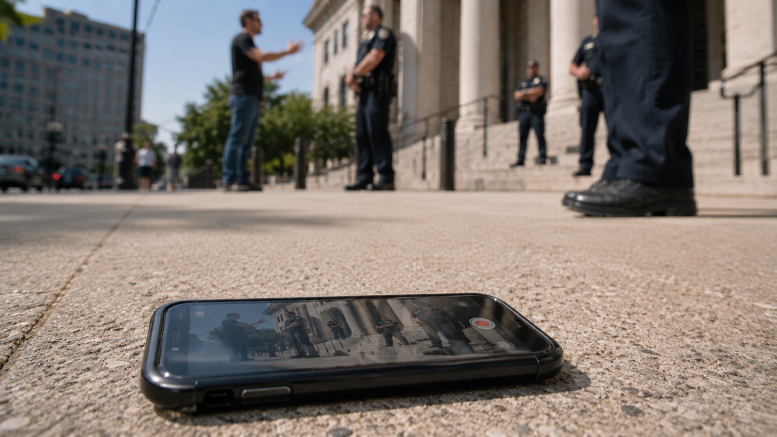 Smartphone face up on a sidewalk, screen still recording an interaction with officers in the distance