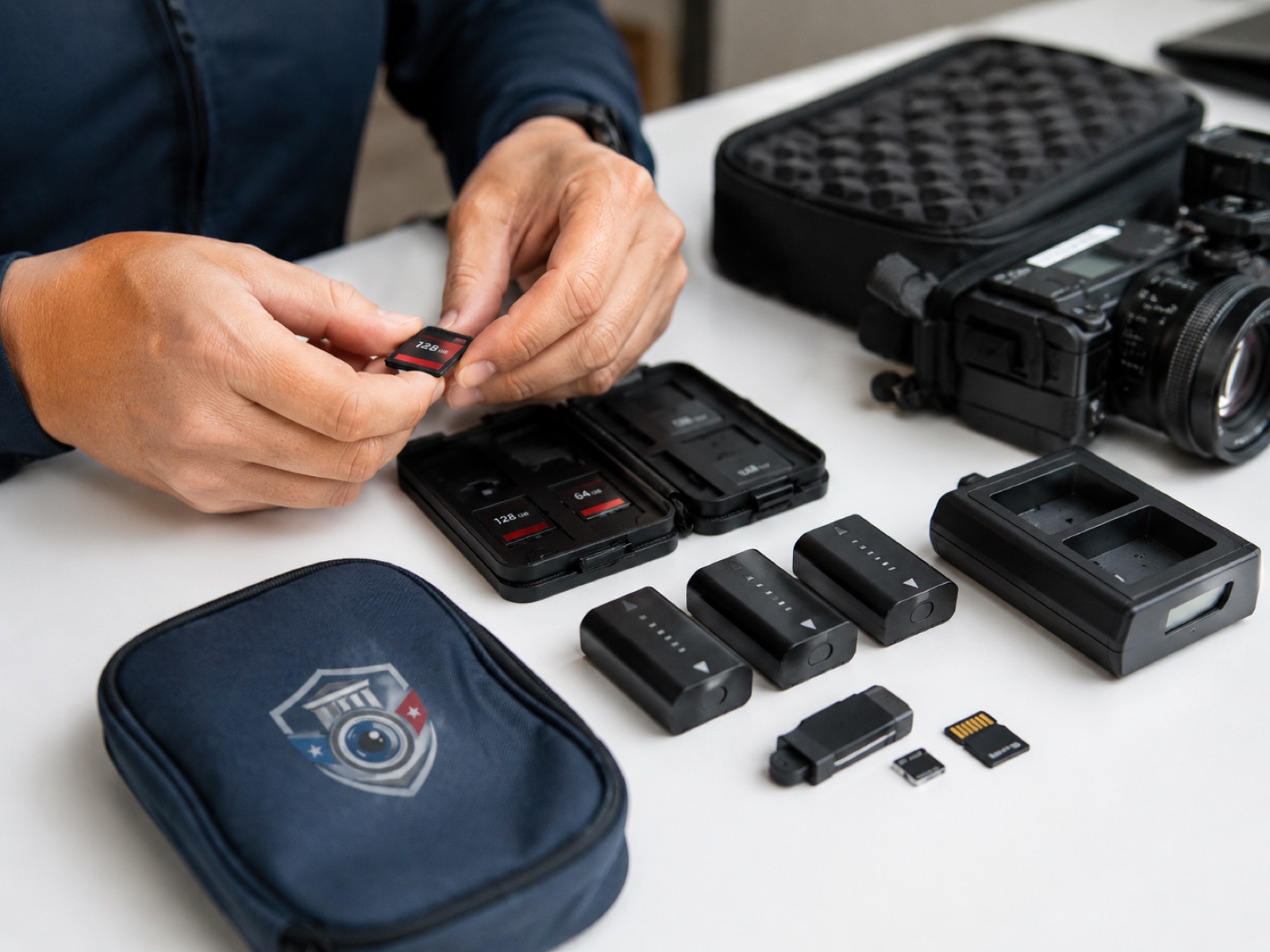 Hands sorting SD cards beside a 1A-branded gear bag, batteries in a charging dock, and a mirrorless camera body