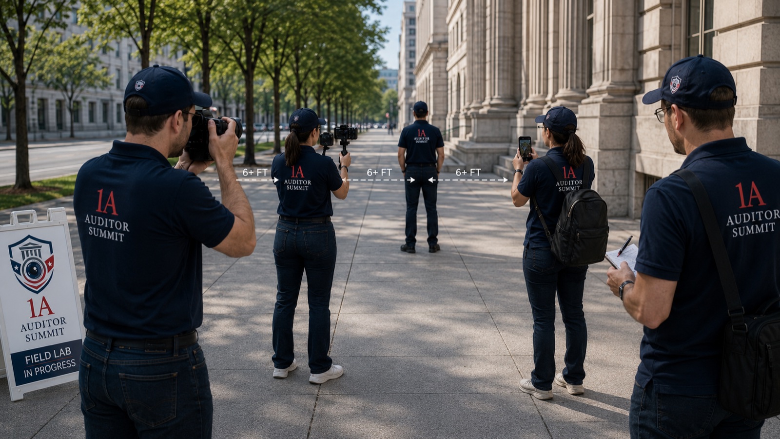 1A Auditor Summit attendees in branded uniform shirts on a sidewalk, practicing 6-foot distance during a field lab — a Field Lab In Progress sign in the foreground