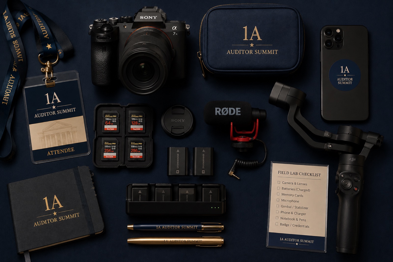 Top-down arrangement of 1A Auditor Summit branded gear: notebook, lanyards, gear bag, gimbal, camera, batteries, SD cards, and printed kit list