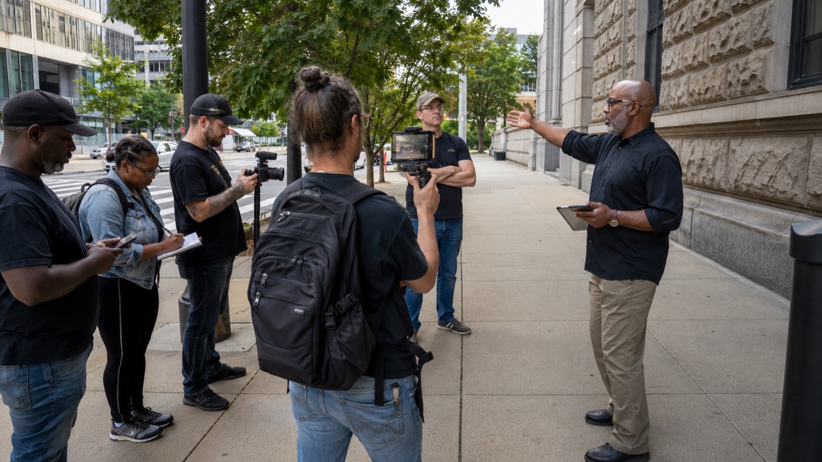 Outdoor field session with a small group of attendees, instructor pointing toward the courthouse, cameras on tripods