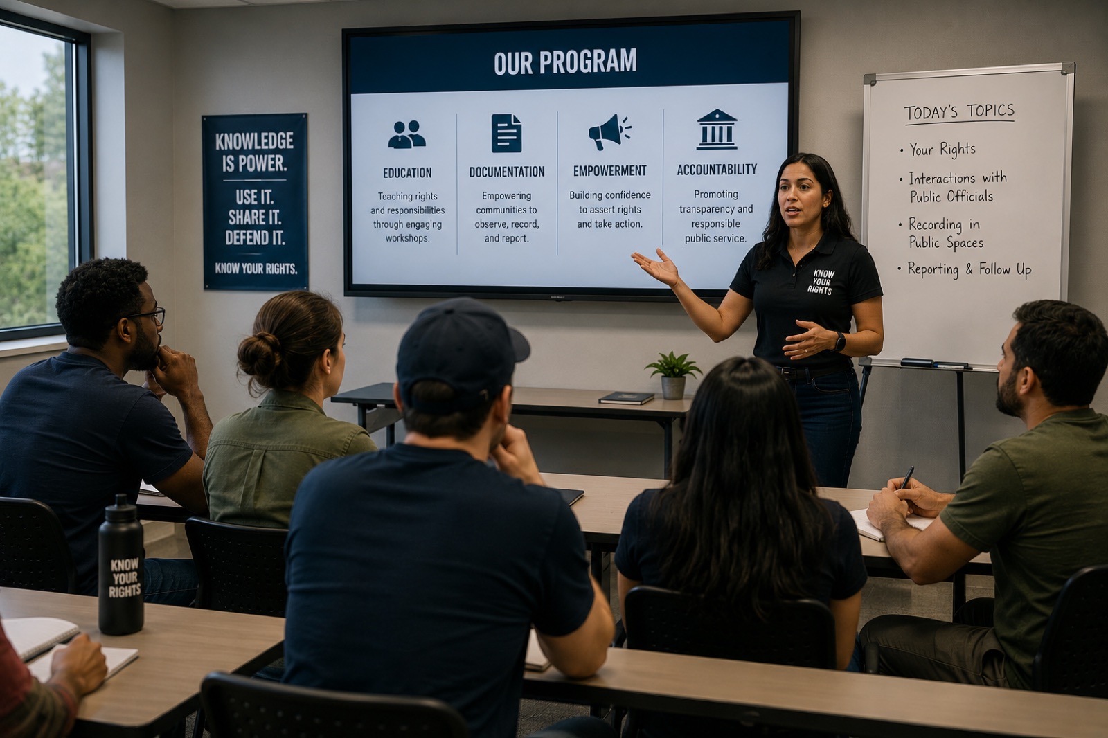 Instructor presenting the Summit program at a classroom with attendees, large monitor showing four program pillars: Education, Documentation, Empowerment, Accountability