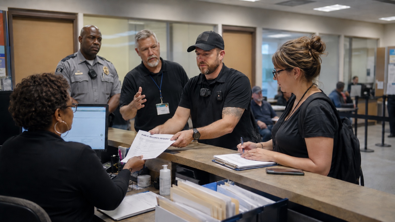Citizens filing a records request at a city government counter, officer and clerk on the other side, request paperwork being handed across