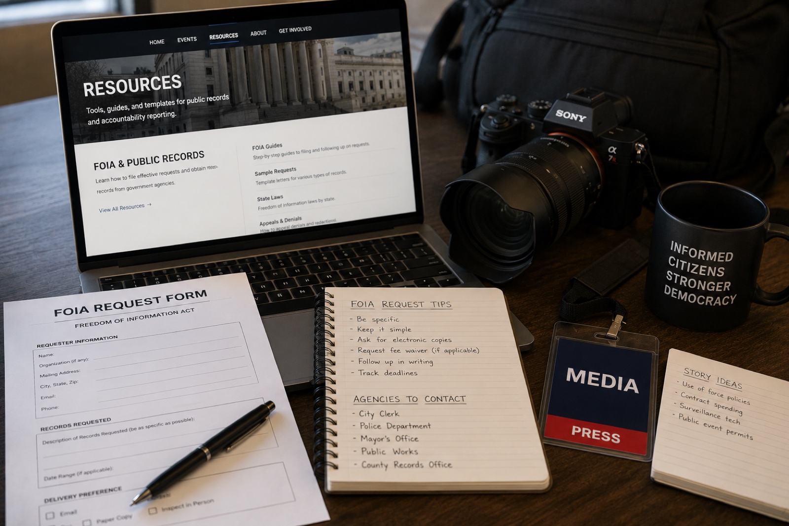 Workspace with a laptop showing a Resources page, a printed FOIA request form, a Freedom of Information notebook, MEDIA PRESS lanyard, camera, and an Informed Citizens Stronger Democracy mug