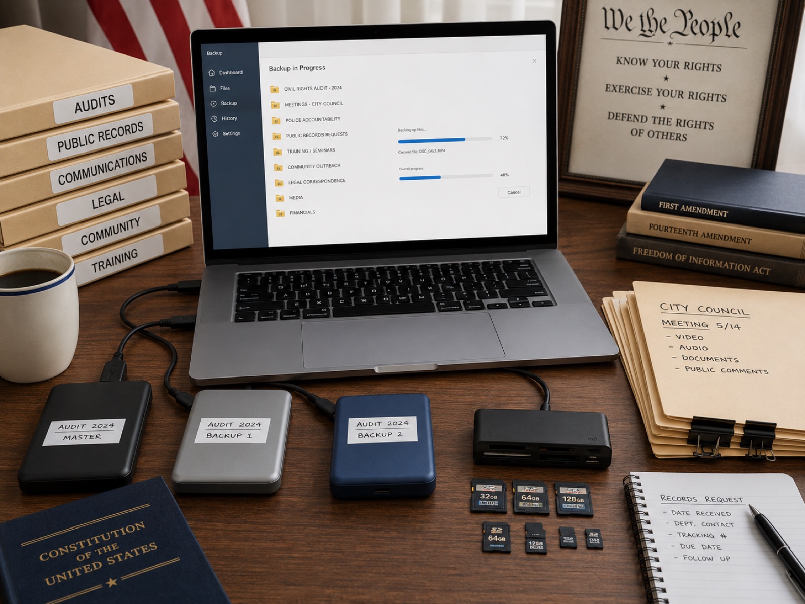 Editorial flat-lay of organized binders labeled Audits, Public Records, Communications, Legal, Community, Training — beside a Constitution book, a We the People sign, drives and SD cards
