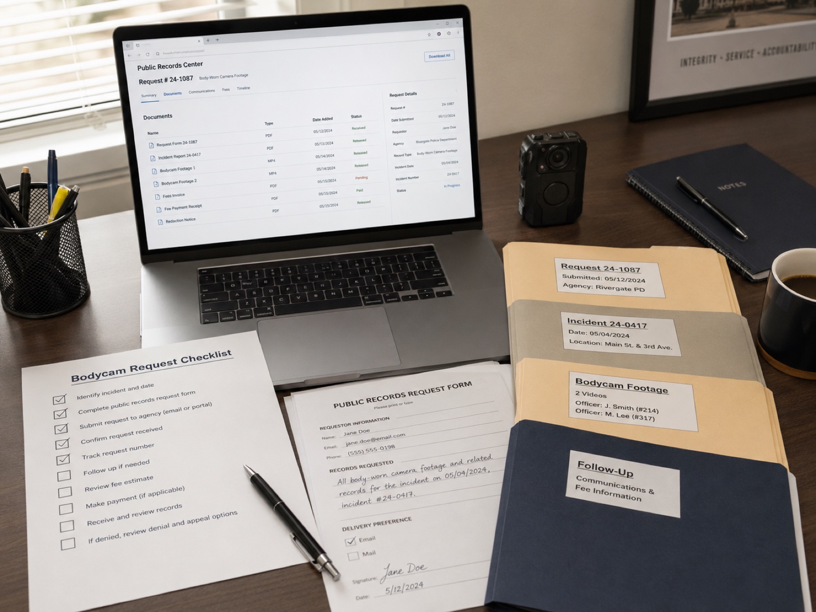 Records request workflow desk with a laptop showing a Public Records Center, a Bodycam Request Checklist, a printed Public Records Request Form, and labeled manila folders with case numbers
