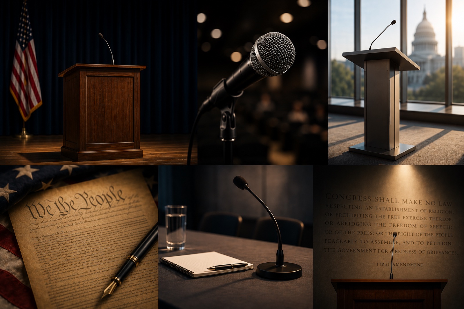 Composite of speaker podiums, microphones, and the United States Constitution — symbolic of the faculty's subject matter