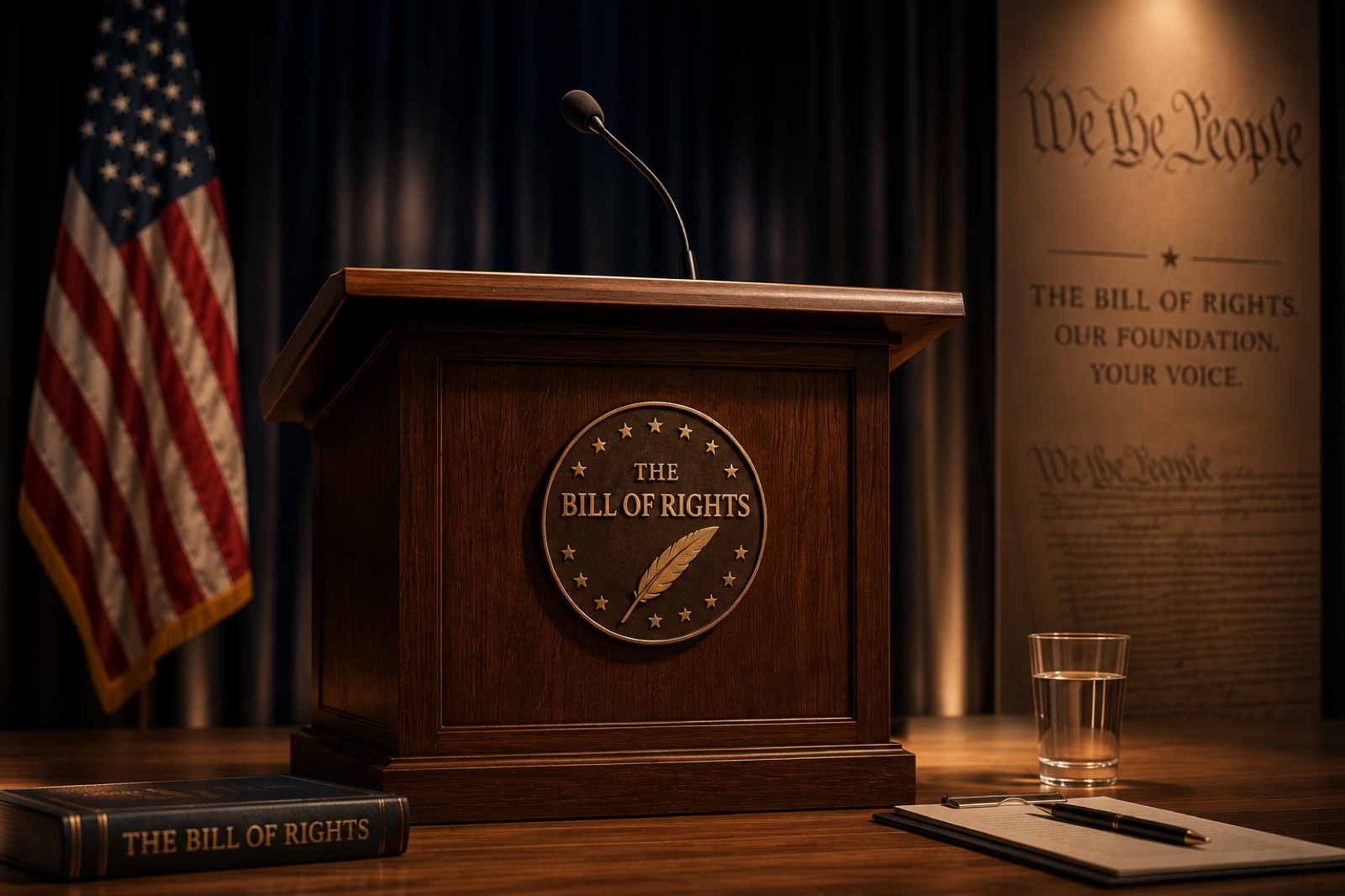 Ornate Bill of Rights podium with American flag, Constitution document, and water glass — the stage prepared for a faculty session
