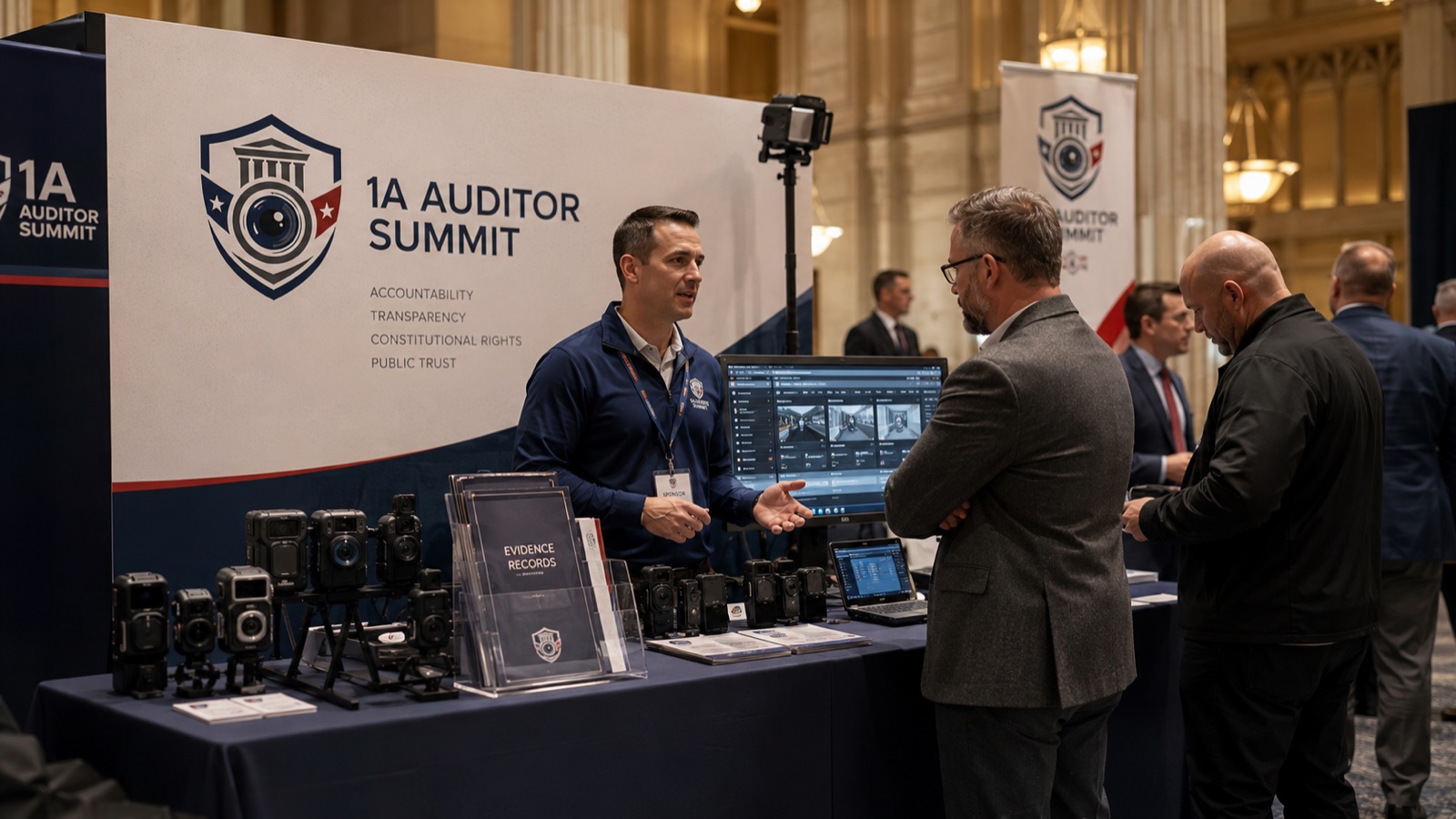 Sponsor booth at the Summit with a 1A Auditor Summit branded backdrop, displays of cameras, and a representative in conversation with attendees