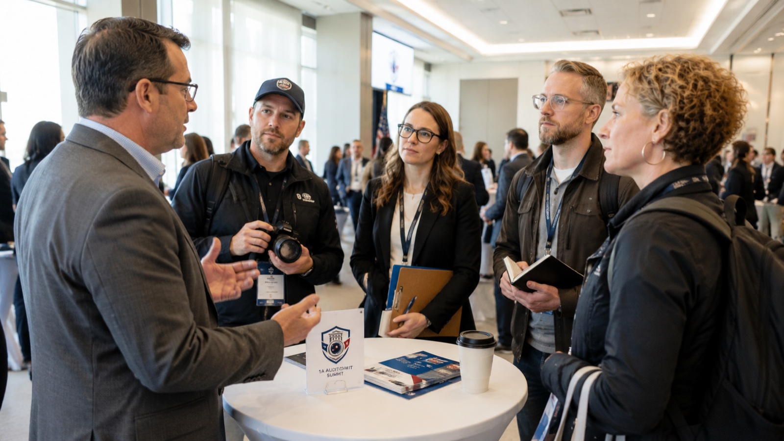 Networking conversation at the Summit — a sponsor representative speaking with four attendees around a small standing table with summit programs