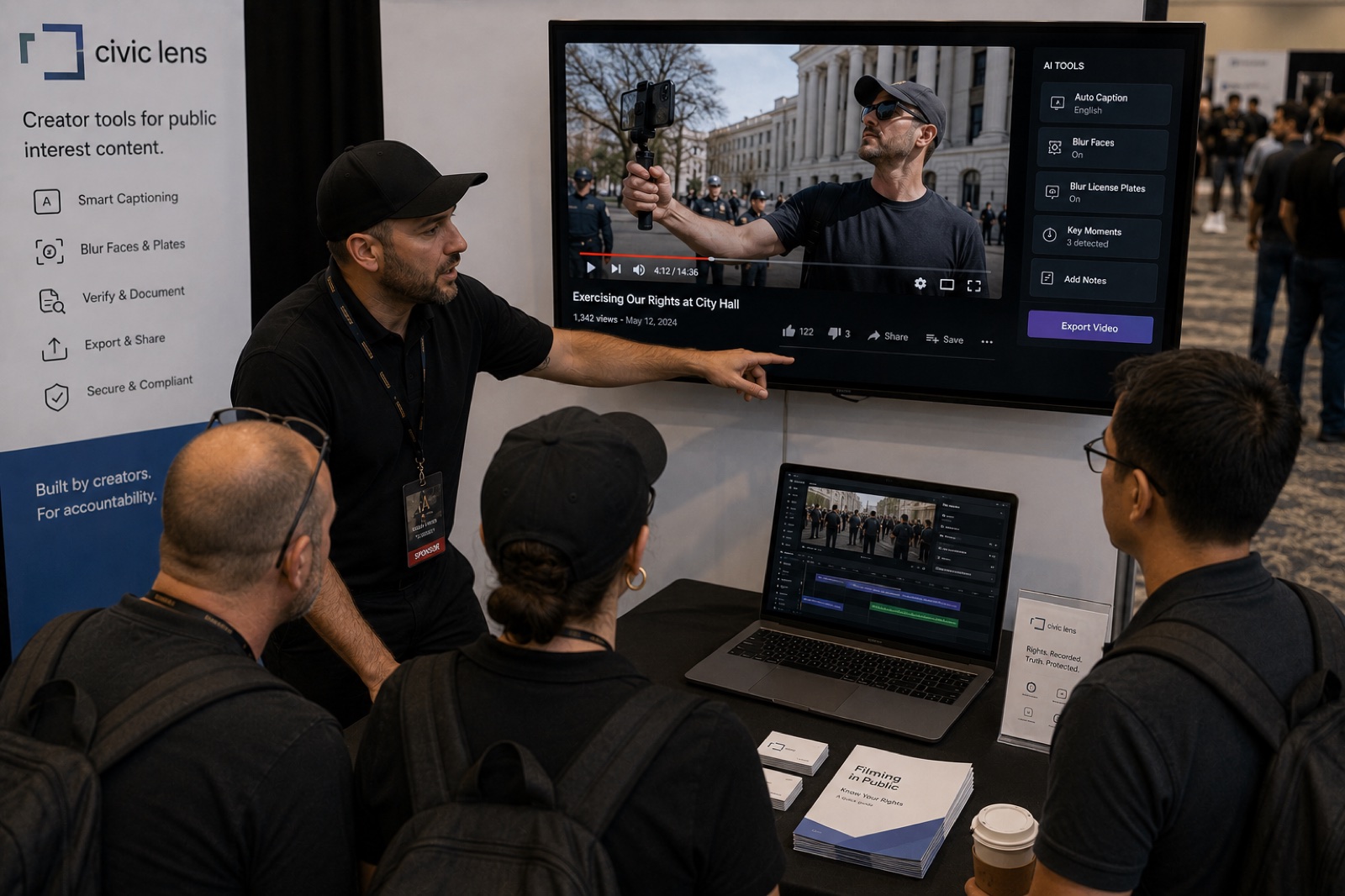 Sponsor activation demo — a civic-lens creator-tools display with attendees gathered around a screen showing post-encounter editing workflow