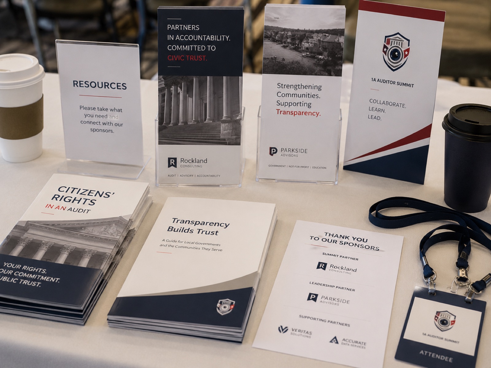 Sponsor resource table with Citizens Rights in an Audit booklets, a Transparency Builds Trust guide, and a Thank You to Our Sponsors placard